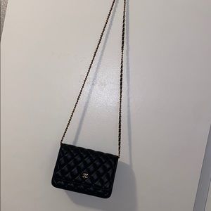 Black leather Wallet on chain crossbody